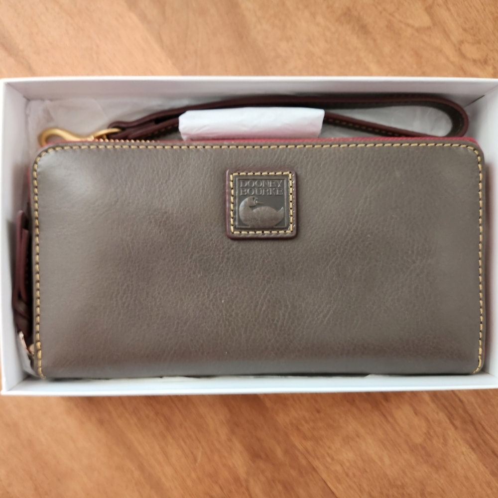 Dooney & Bourke Gray Leather Wristlet Wallet with Gold Hardware